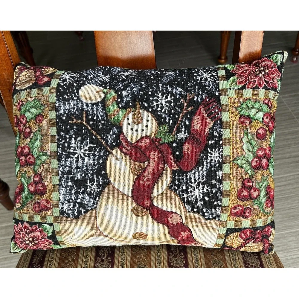 Tapestry Throw Lumbar Pillows Snowman Christmas Holly Poinsettia‎ Bells Set Of 2